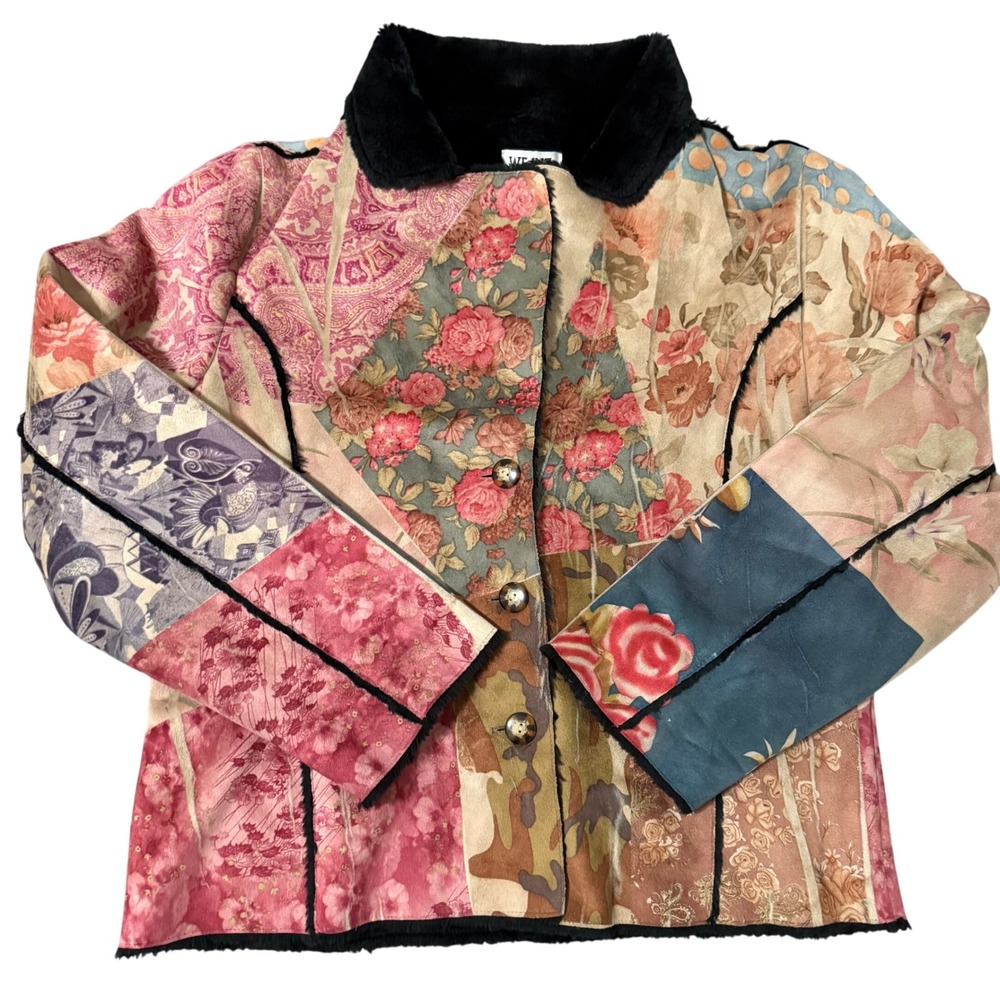 WEAVZ Vintage Y2K Patchwork Floral Camo Faux Fur Lined‎ Jacket Women's XL